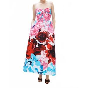 NEW KIKA VARGAS rose maxi dress in red garden taffeta